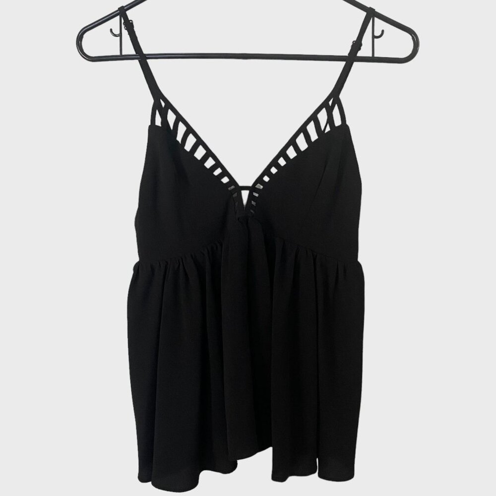 ANGL Ruffled Smock Swing Babydoll Tank Women's Size Small Black Sleeveless Top